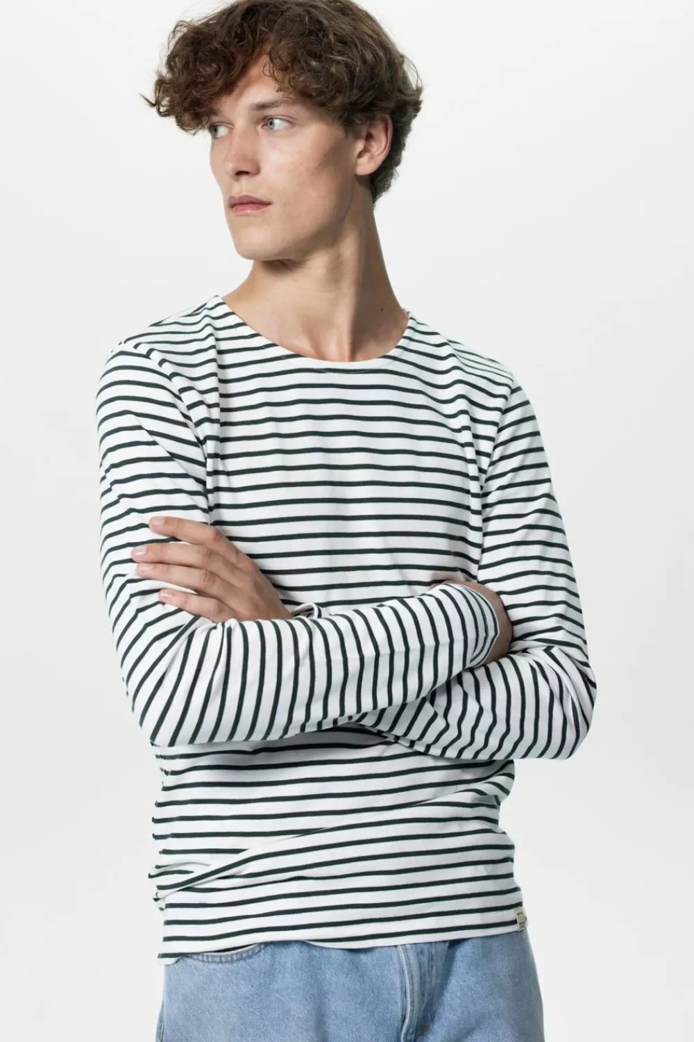Heren Sissy-Boy T-Shirts>Wit Longsleeve T-Shirt Met Donkergroene Strepen